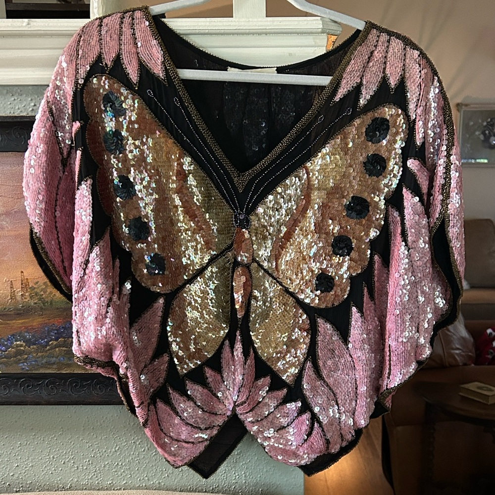 👑 MARDI GRAS! Vintage Sequin and Silk Butterfly Blouse - Pink and Gold